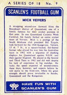 1963 Scanlens NRL #9 Mick Veivers Back